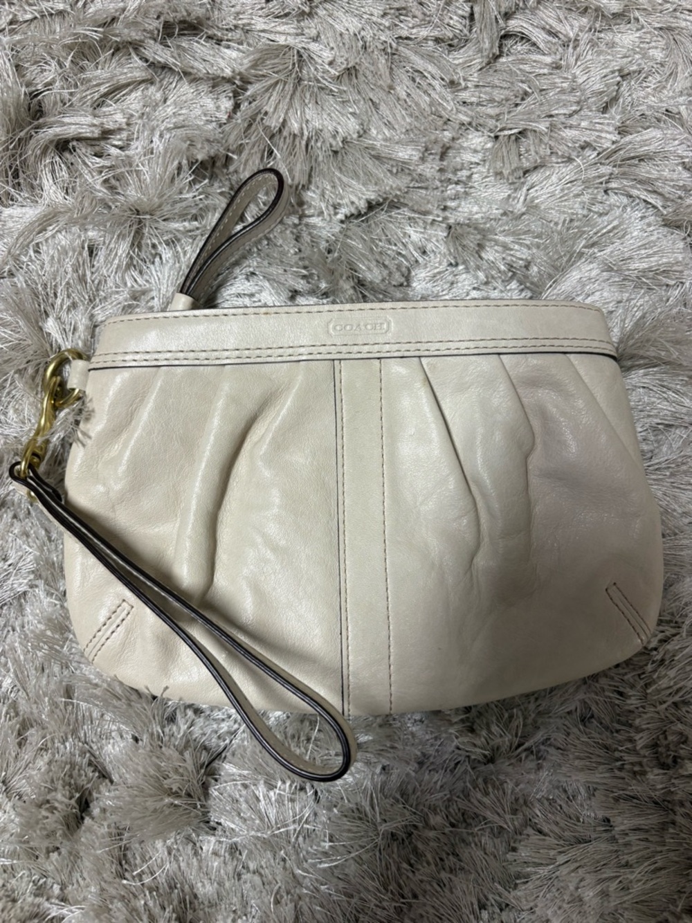 Coach Cream Leather Pleated Wristlet with Gold Hardware